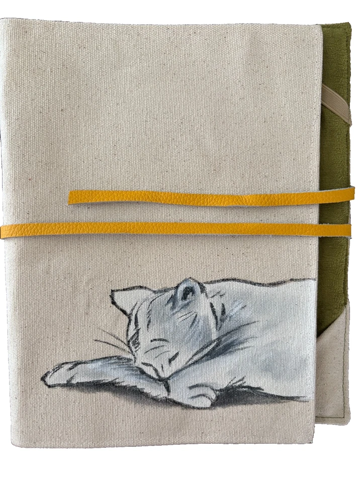 Nuevo estuche para tablet Cat Lovers tela acolchada de lona de algodón con correa de cuero amarillo Foto 2 de 4