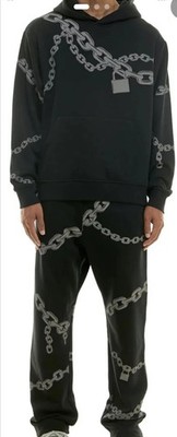 KDNK Black Chain Print Sweatsuit Set Hoodie & Pants Size M (Retail - $250)