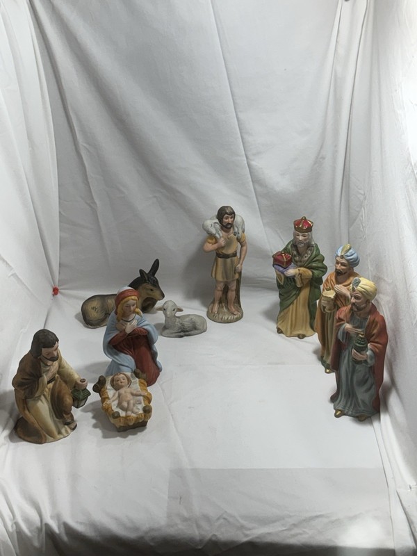 Vintage 9Pc Ceramic Bisque Nativity Scene Homco #5216, 7.5" Tall Figures 