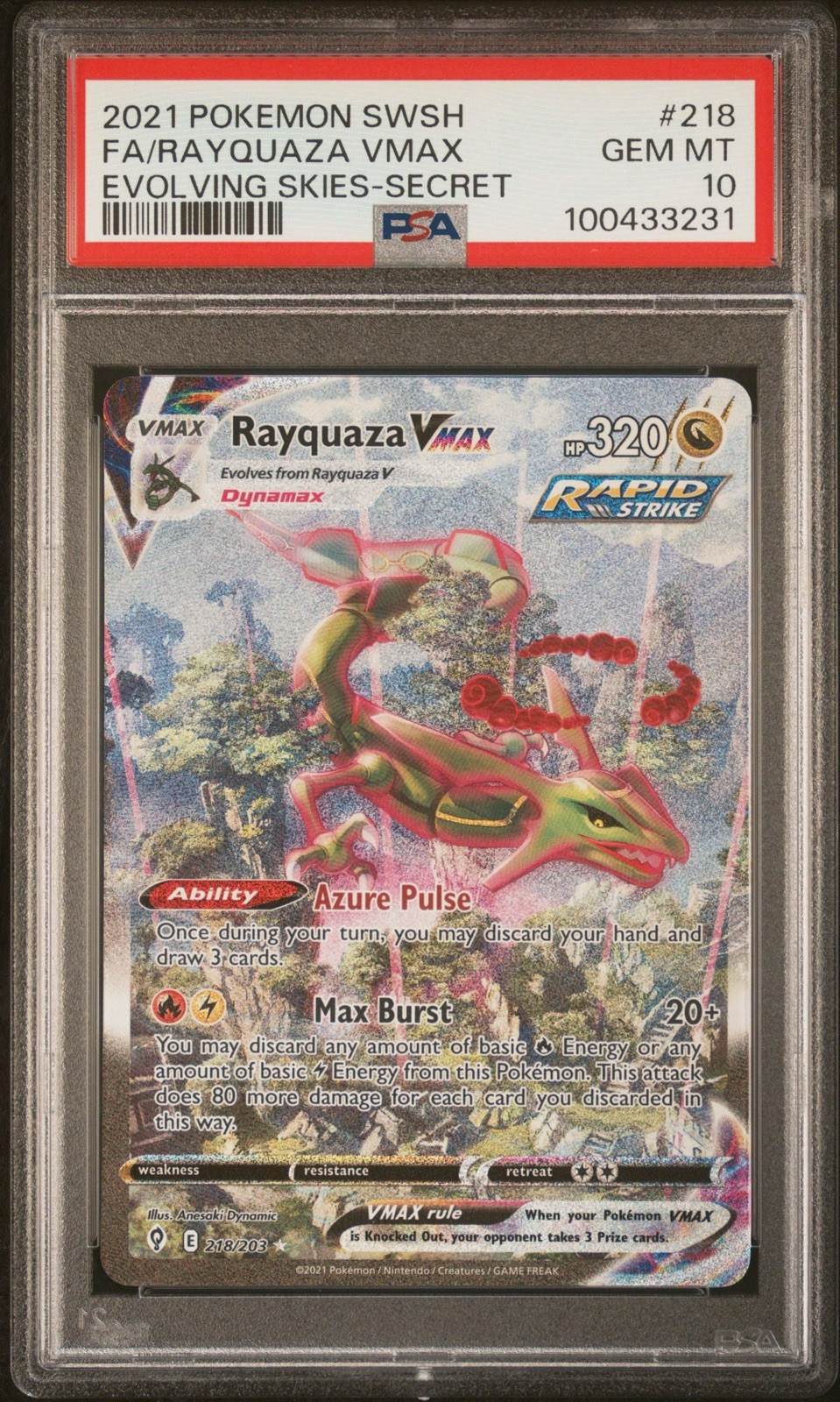 PSA 10 RAYQUAZA VMAX 218/203 | Evolving Skies Alt Art Graded Pokemon Card HK