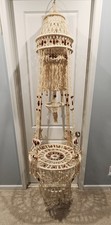 Beautiful VTG LARGE Macrame Plant Hanger Boho Decor Wood Beads Owls Tassels Rare