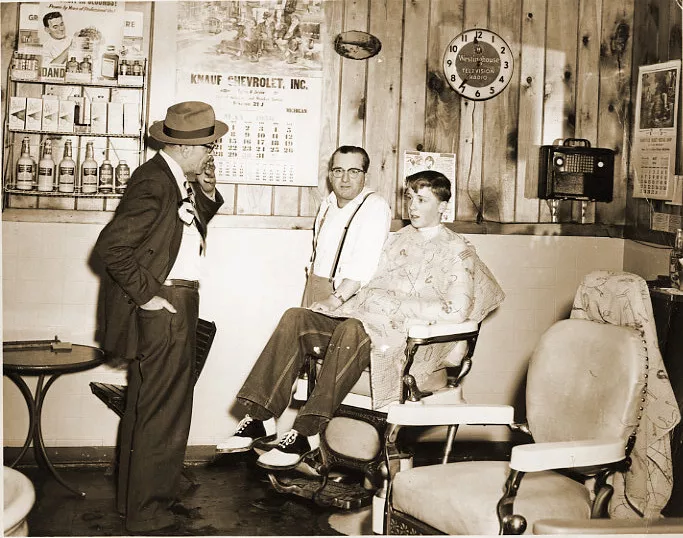 Vintage 1950 s Barber Shop Old Time Barber Young Boy In Chair