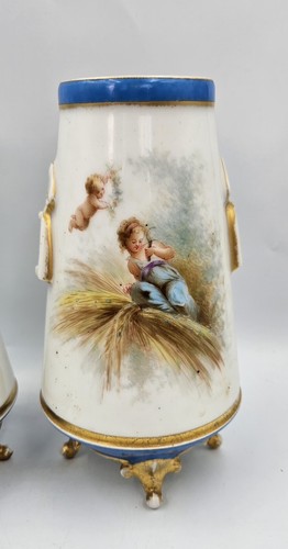 Pair Sevres Style Hand Painted Watteau Decoration Children Cherubs Vases READ - Picture 2 of 19