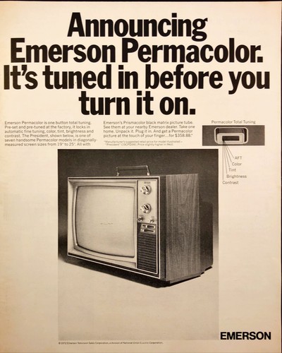1972 Emerson Permacolor Color TV Vintage Print Ad Mid Century Modern TV w/Handle
