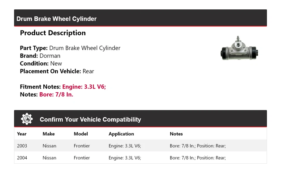 Cilindro de rueda de freno de tambor trasero para Nissan Frontier 2003-2004 3,3 L V6 Dorman Foto 2 de 3