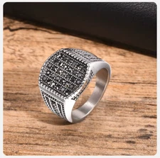 Men Stainless Steel Signet Ring with Geometric Top And Black CZ Stones 8-12