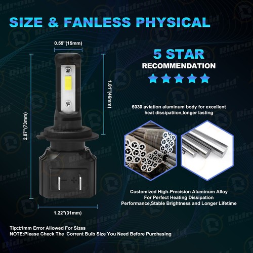 2x Kit Bombilla Faro LED H7 Luz Alta Baja 100W 10000LM Super Brillante 6000K Blanco - Imagen 4 de 18