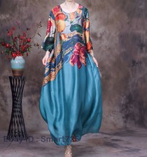 Womens Silk Print Floral Maxi Dress Kaftan Round Neck Loose Robe New Oversized