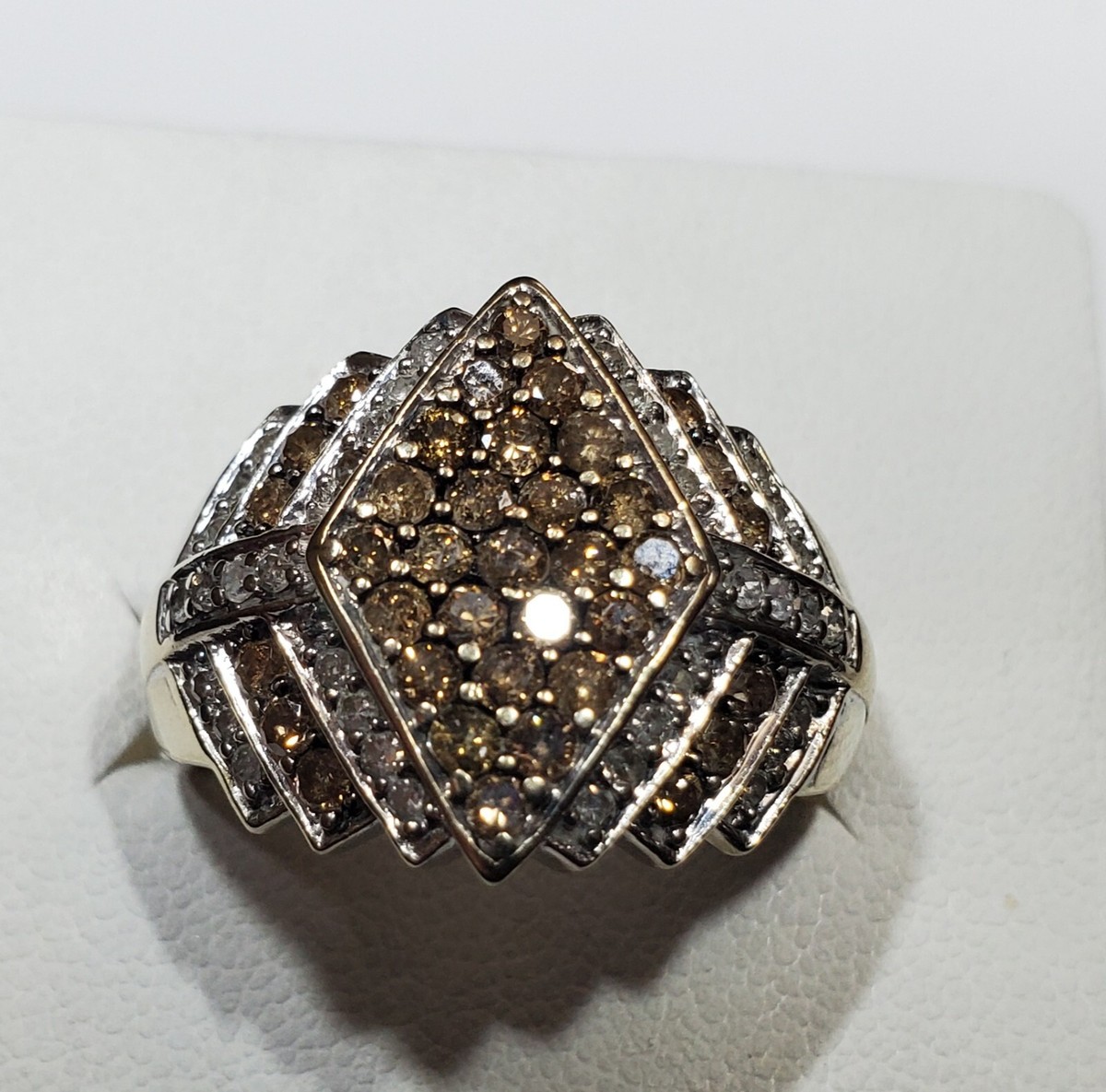 10K SJM Diamond Shaped Step Brown White Diamond Cluster Ring