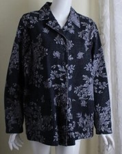Denim Co. Sz L Dark Black Cotton Twill Long Blazer Jacket Floral Artsy Chic