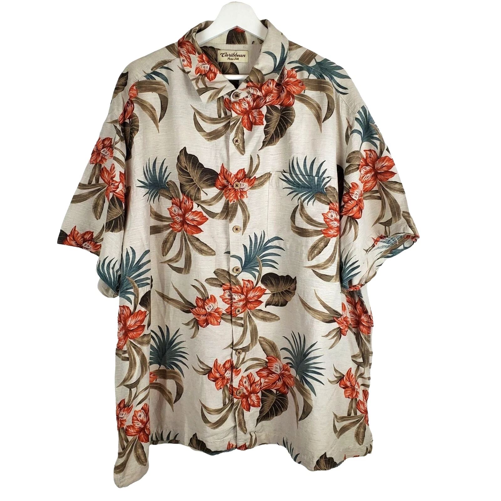 Caribbean 3XB Floral Tropical Button up Shirt 100% Silk Tan Beach Vacation