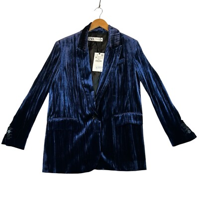 専用ページ　ネイビー Zara Blazer Women Sz M New Limited Edition Silk Blend Velvet Blue
