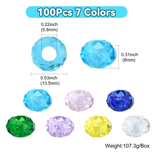 100Pcs 7Colors Tranparent Resin Beads Large Hole Beads Faceted Rondelle Beads - Picture 3 of 7