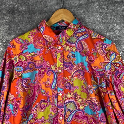Chaps Shirt Womens 1X Orange Paisley Floral Colorful Funky Retro Boxy Cotton