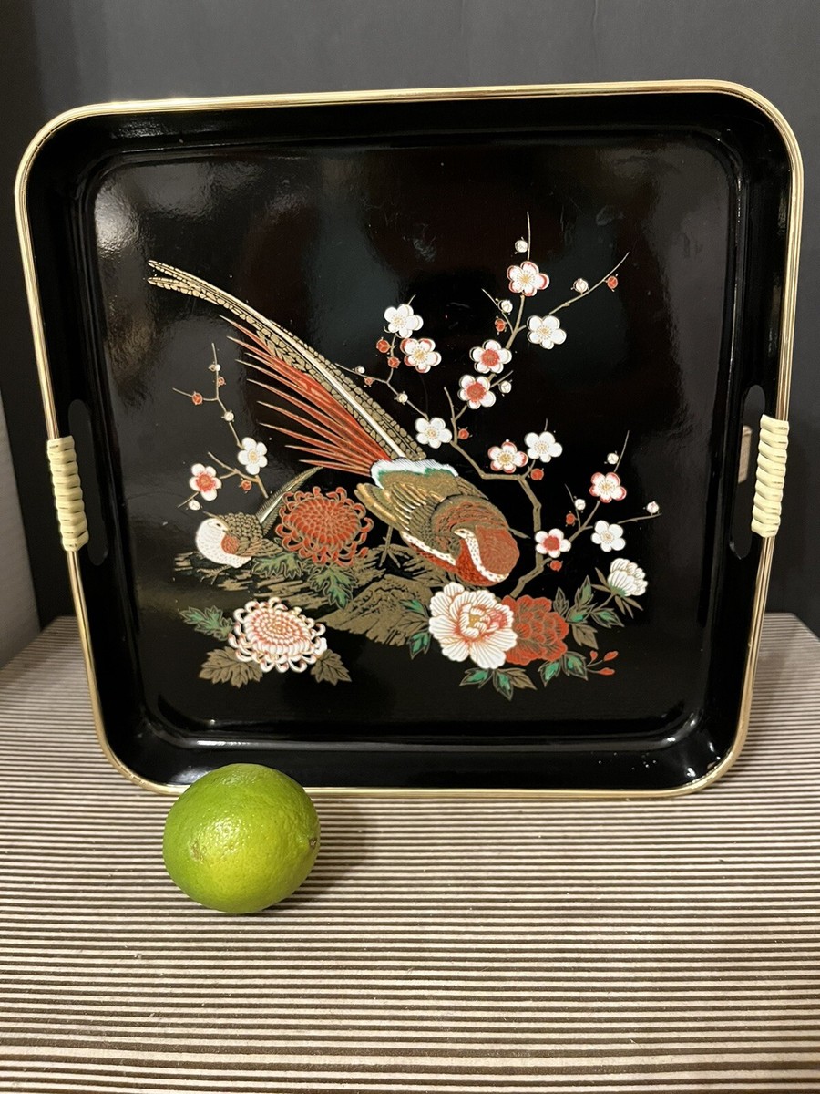Beautiful Japanese Black Lacquer Asian Bar Tray Vintage W Birds