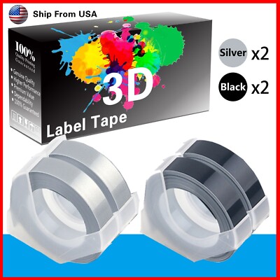 (2Silver+2Black) Label Tape 3D Work for Dymo Maxi 1755 Makers