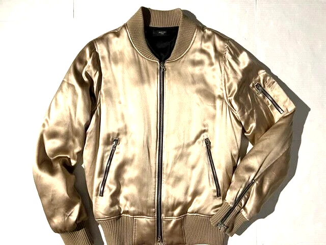 AMIRI Mens Tan Gold Silk Varsity MA-1 Zip Padded Bomber Jacket sz xl