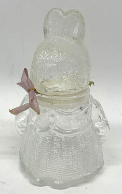 Vintage Glass Bunny Rabbit Candy Sweet Jar Clear Textured Bow Easter - image 1 of 4