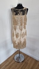 Adrianna Papell Gold Embroidered Lace Pencil Dress Size 16 Sleeveless Tiered 