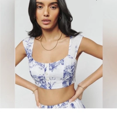 Reformation Teya Crop top in Lupines Linen Blue Floral Size 6