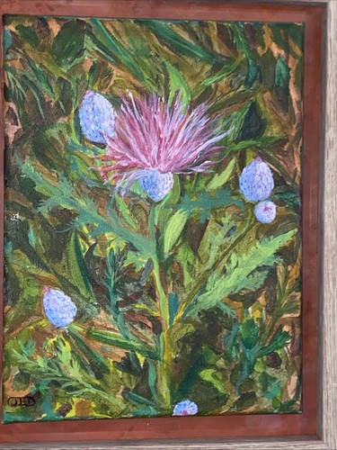 Original Painting Thistle Acrylic Still Life, 12 x 15 Framed Plein Air OOAK #kit - Picture 2 of 11