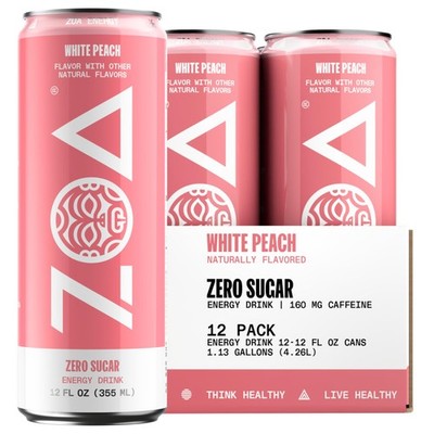 ZOA Zero Sugar Energy Drinks, White Peach - 12 Fl Oz (Pack of 12), Red 