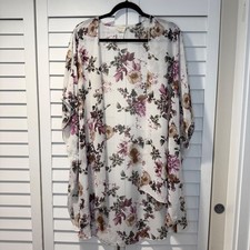 Emory Park Floral Kimono Cardigan XL White Mauve Rose Open Front Sheer Layer