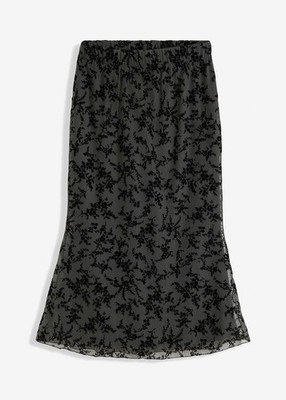 Neu Midi-Rock aus Mesh mit Flockprint Gr. 40/42 Anthrazitgrau Freizeit-Skirt