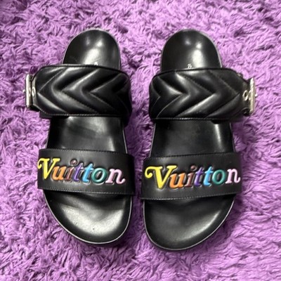 Louis Vuitton Black Multicolor Logo Leather Slide Sandals for