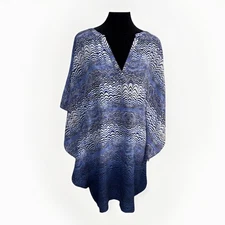 Trina Turk 100% Silk Blue Waves Beach Cover Up/V-Neck Dress w/Dolman Sleeve SZ 4