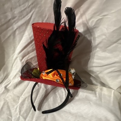 Day of the Dead Mini Top Hat Headband Skull Feathers Orange Flower Black Netting