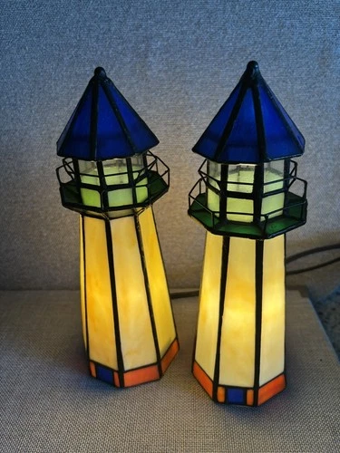 2  Vintage Stained Glass electric LightHouse Tiffany Style Table Night Lights