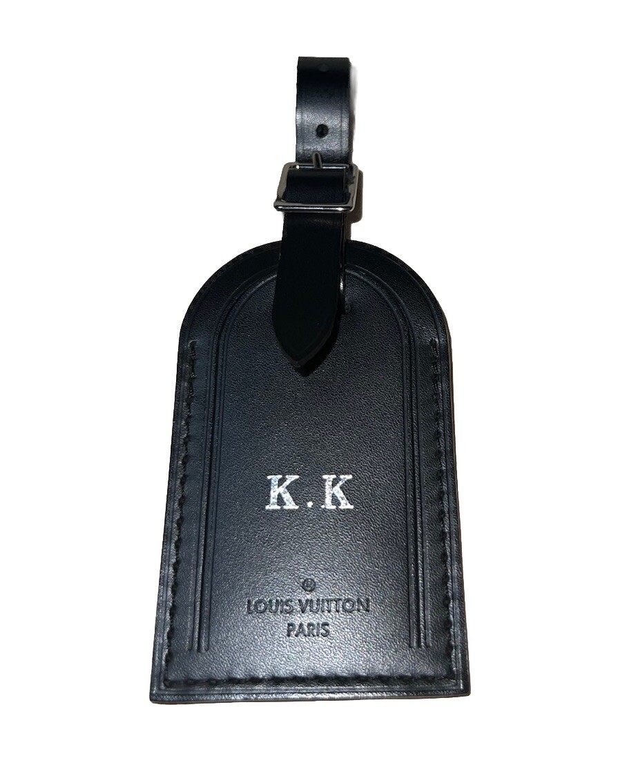 Louis Vuitton Paris Black Leather Name Tag Silver tone Metal w/ KK