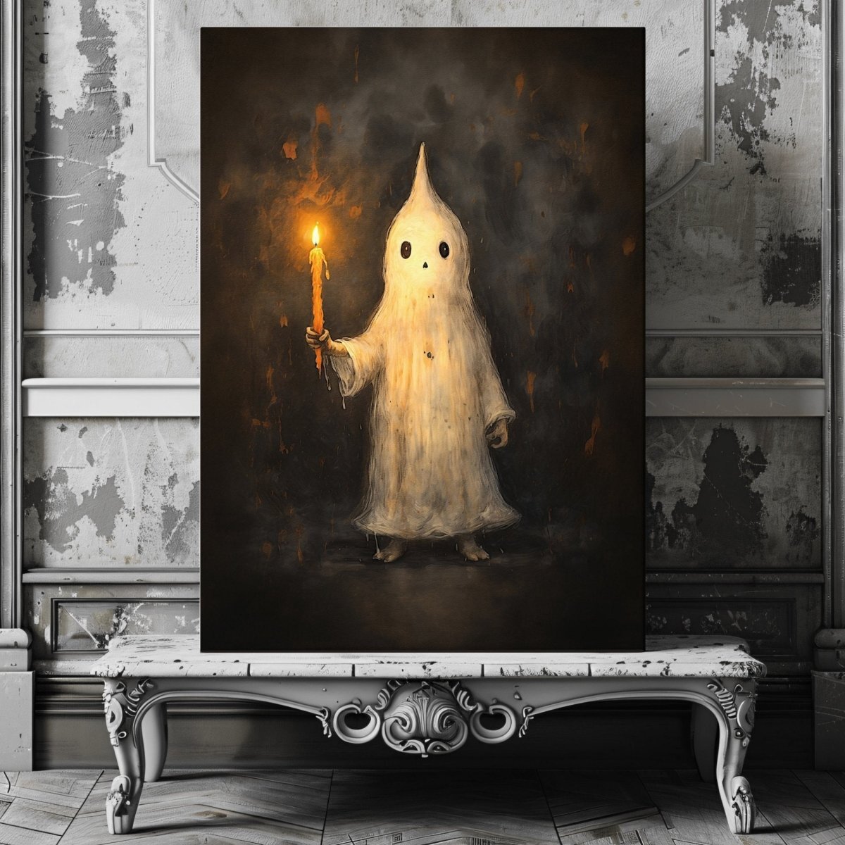 絵画 GHOST CRDP60% Whimsical Ghost Holding Candle Canvas Print – Playful Halloween