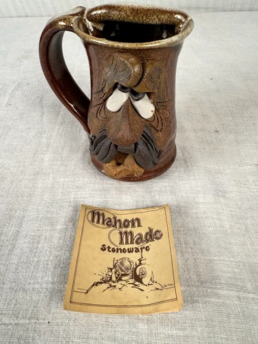 Vintage Ugly Funny 3D Face Mug MMS Mahon Stoneware Pottery Mustache Man with Tag