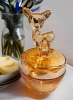 Vintage Marigold Glass Powder  Holder With Deer On Lid
