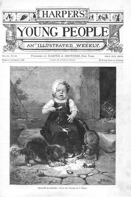 Fellow Boarders - Young Girl - Cat - Dog - Spilled Food -  1887 Antique Print