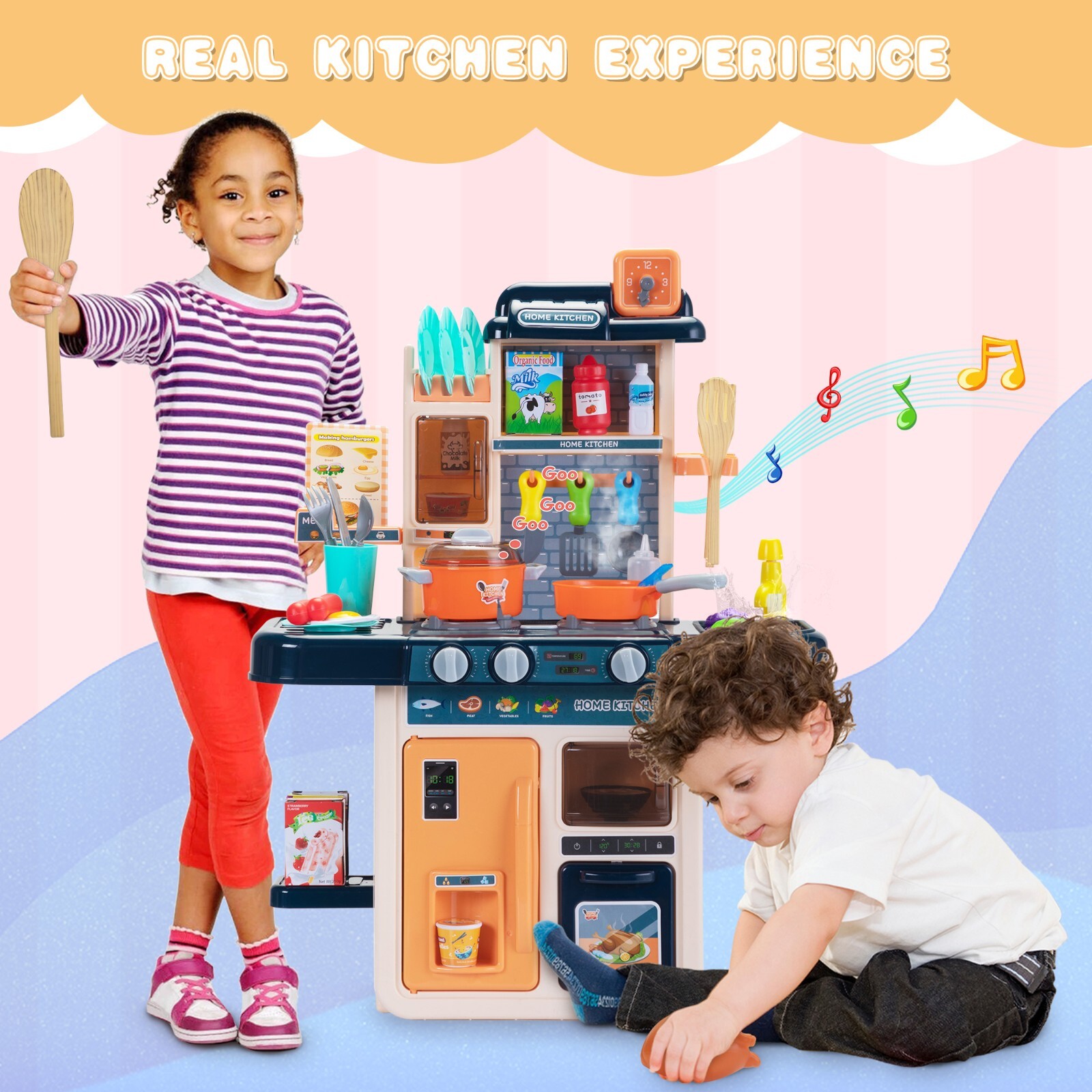 Kids Kitchen Cookware Play Set w/42 Pcs Pretend Cooking Accessories ,Music,Light