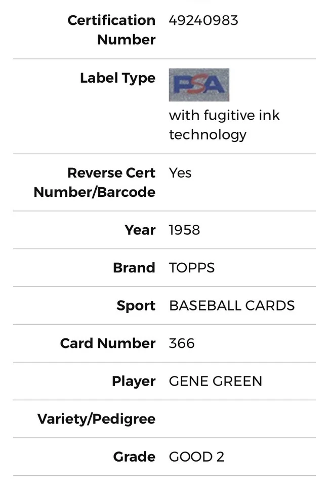 1958 Topps Baseball Gene Green #366 PSA 2 OFFERS WELCOME WILL COMBINE SHIP! - Image 3 of 3