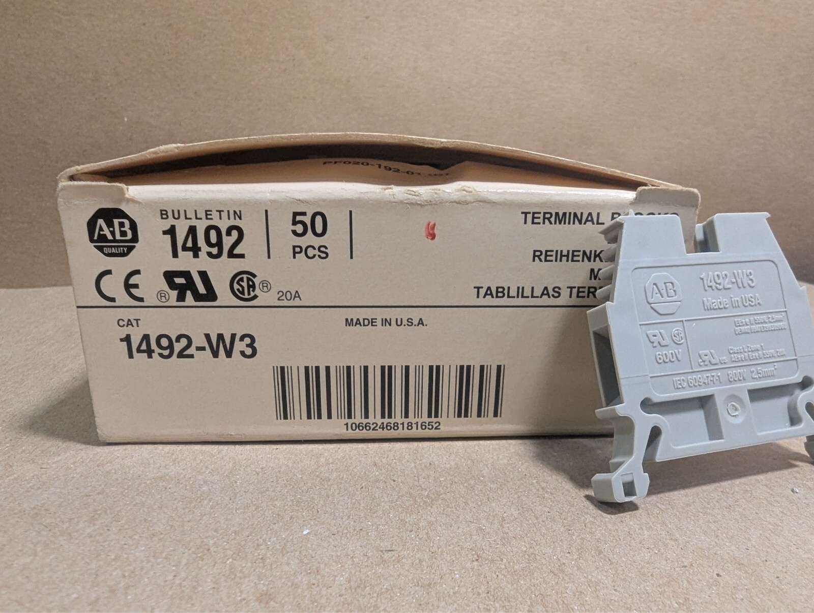 Allen-Bradley 1492-W3 Ser. B Terminal Blocks (Box of 50) 600V, Gray, 2.5mm