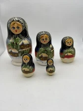 Winter Christmas Matryoshka Russian Nesting Doll Hand Painted 5 Pieces 6”