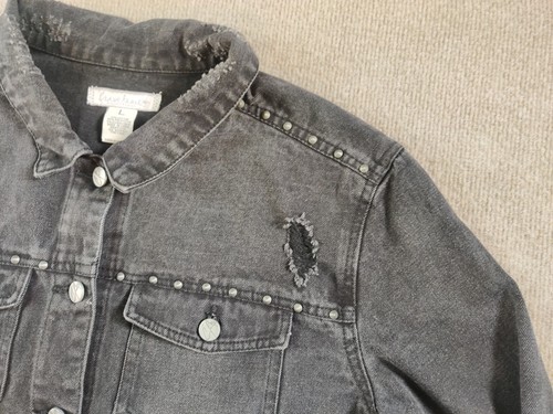Crave Fame Almost Famous Denim Jean Jacket L Black Studs Distressed Grunge Skate - Picture 9 of 12