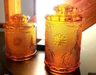 Pair Vintage Tiara Indiana Sandwich Glass Amber Canisters Biscuit Jar with Lids