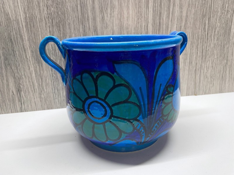 Ceramic Pottery Large Pot no Lid Blues Hand-Painted Vintage Made in Italy
