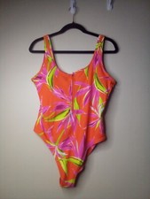 Old Navy Swimsuit One Piece Women L Zipper Padded Tropical Orange Pink