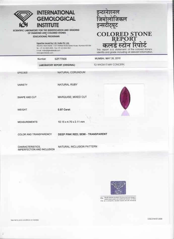 IGI Certified MOZAMBIQUE Ruby 0.97 Cts Natural Untreated Deep Pinkish Red - Image 4 of 4