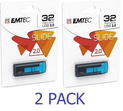 2 PACK Emtec 32GB Slide Flash Drive - USB 3.1 - Blue (ECMMD32GC452) - NEW 