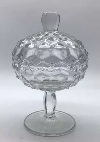 Fostoria American Clear Cubed Glass Pedestal Jam Jelly Compote with Lid 6-3/4"