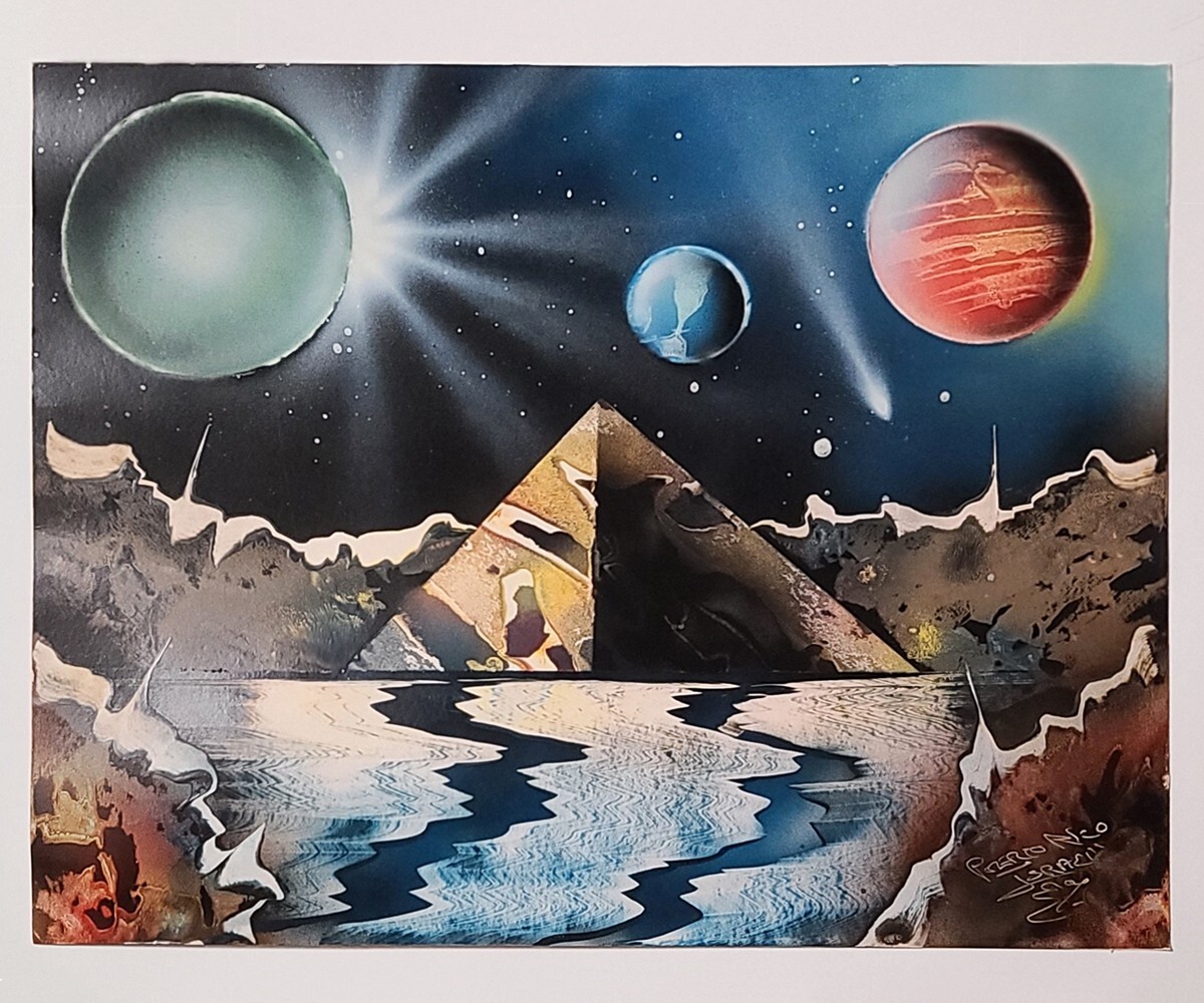 Original Signed Vintage Spraypaint Pop Art Painting, Space