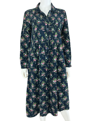 The Vermont Country Store Corduroy Shirt Dress M Pintuck Dark Floral Tie-Back